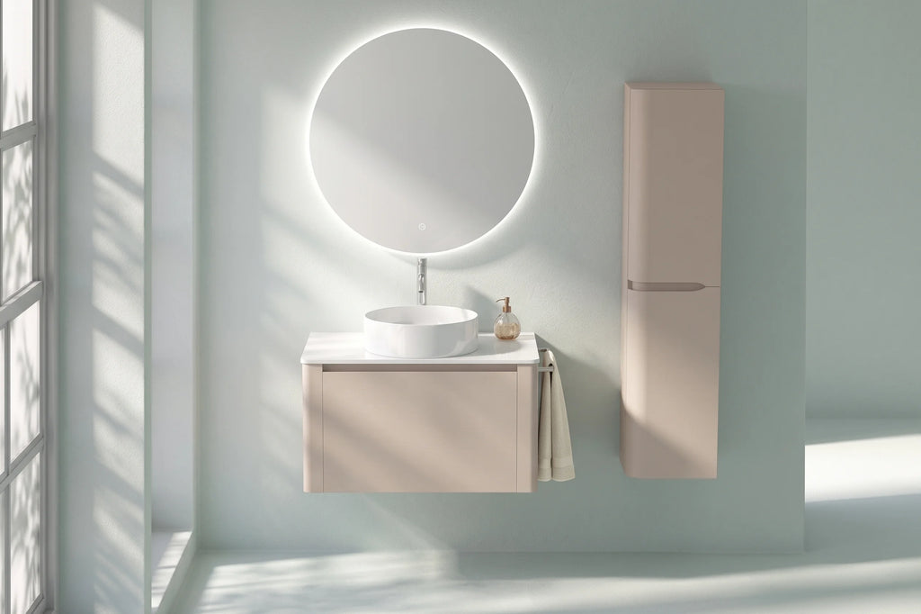 Meuble suspendu Parthéon 80 cm – Laqué beige mat et plan en résine blanc brillant