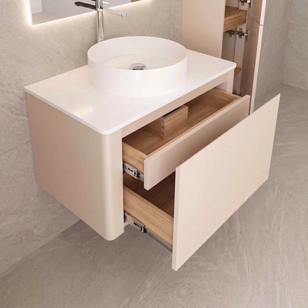 Meuble suspendu Parthéon 80 cm – Laqué beige mat et plan en résine blanc brillant
