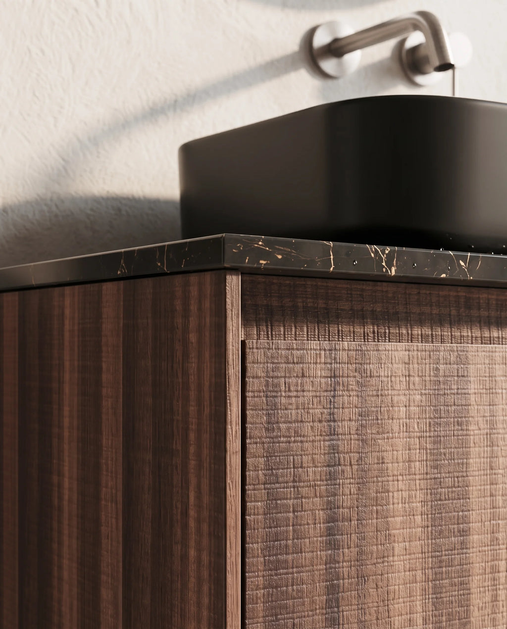 Meuble bois, 120cm avec plan marbre nero marquina et vasque noire mate, Marquina