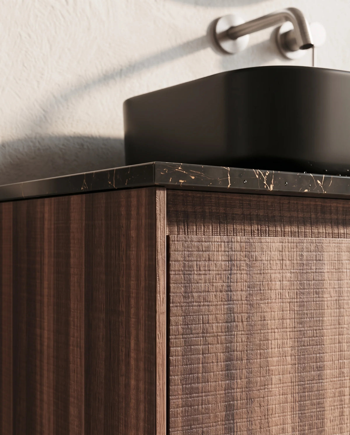 Meuble bois, 120cm avec plan marbre nero marquina et vasque noire mate, Marquina