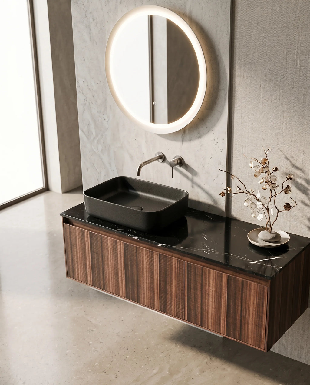 Meuble bois, 120cm avec plan marbre nero marquina et vasque noire mate, Marquina
