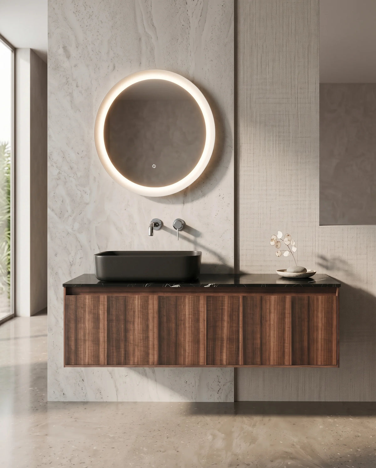 Meuble bois, 120cm avec plan marbre nero marquina et vasque noire mate, Marquina