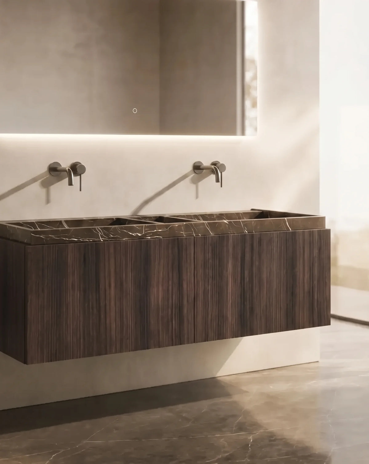 Meuble bois, 140cm avec double vasque marbre, Luys