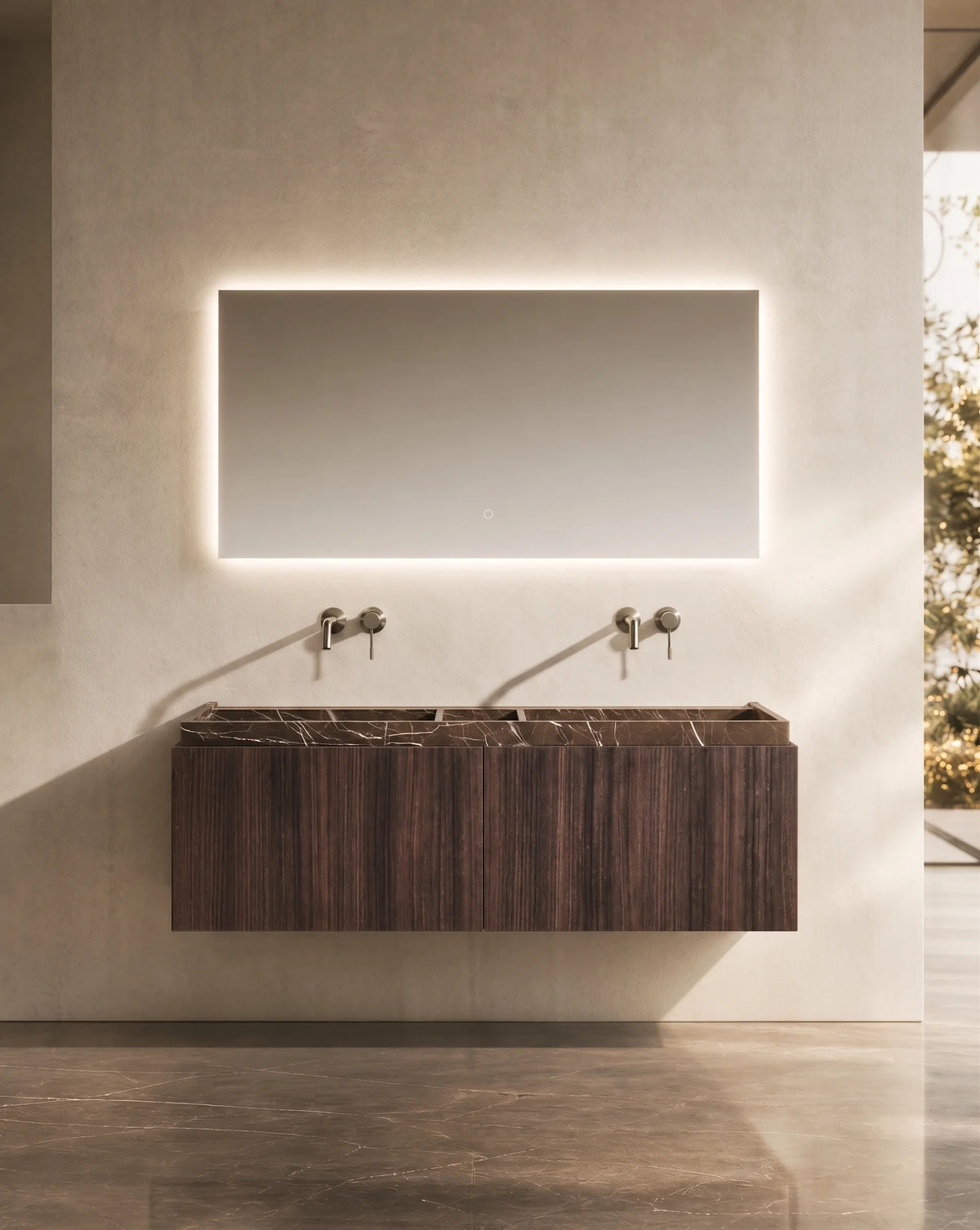 Meuble bois, 140cm avec double vasque marbre, Luys