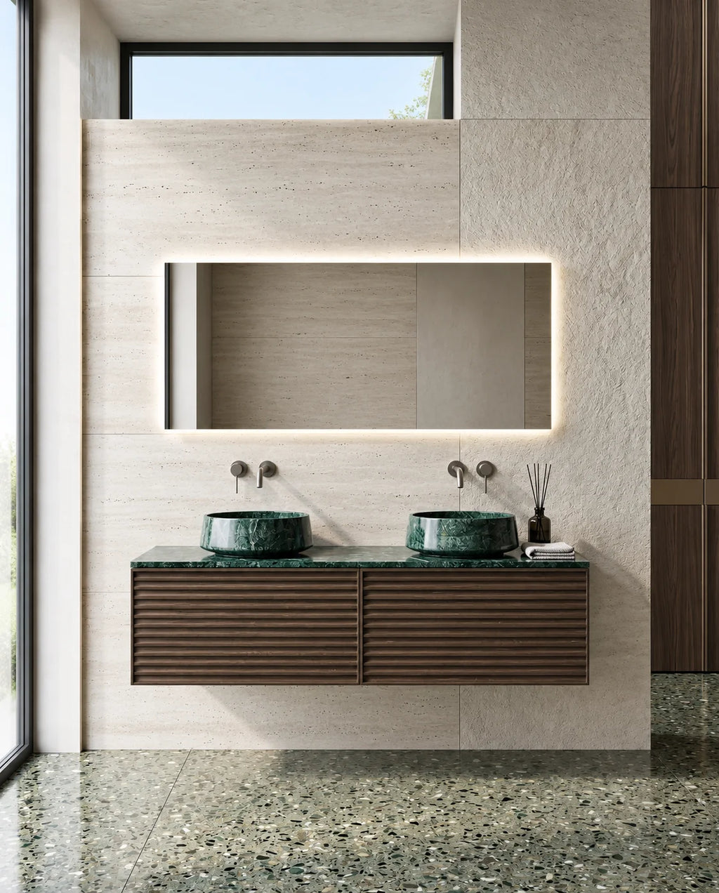 Meuble bois, 140 cm avec plan et double vasque a poser marbre, Serpentine