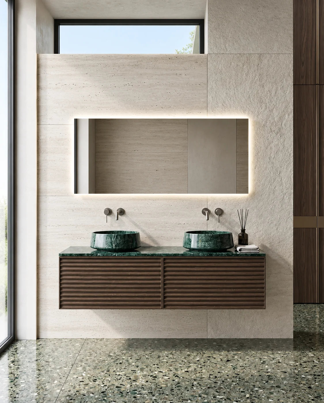 Meuble bois, 140 cm avec plan et double vasque a poser marbre, Serpentine