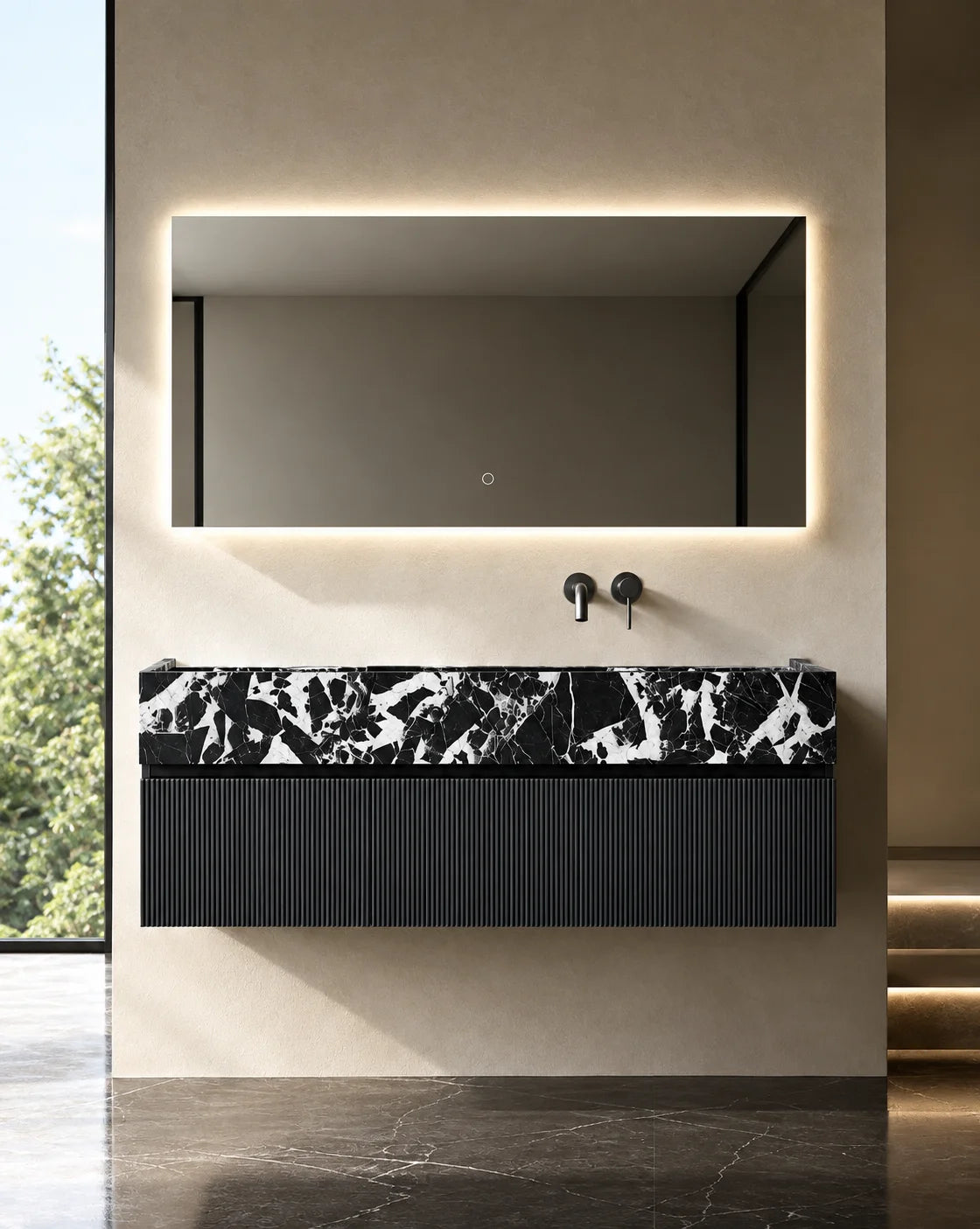 Meuble bois, 140cm avec plan vasque marbre,vasque à droite, Dimora