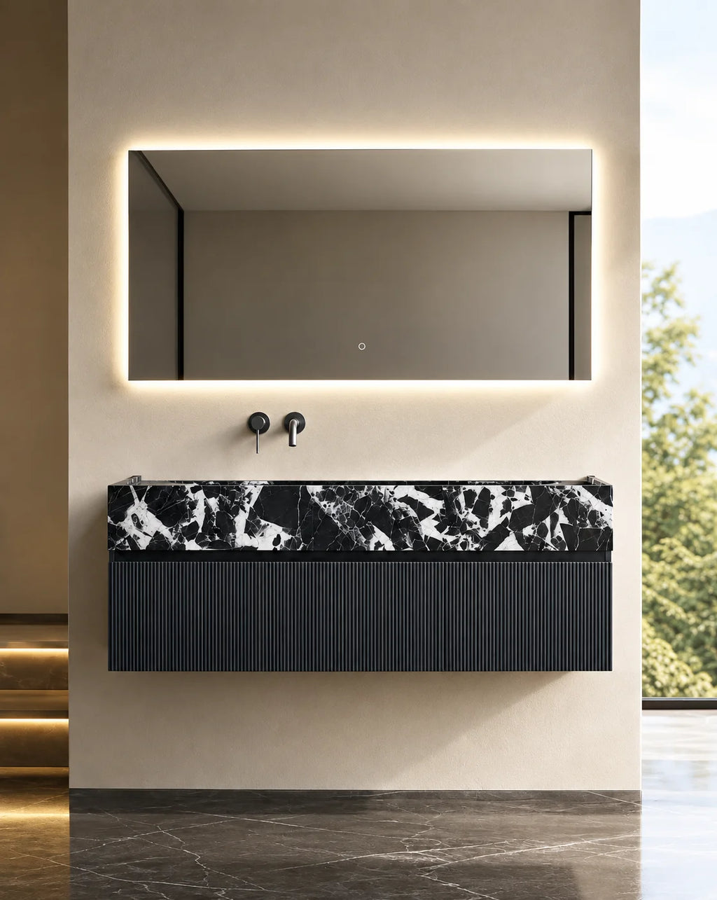 Meuble bois, 140cm avec plan vasque marbre, vasque à gauche, Dimora