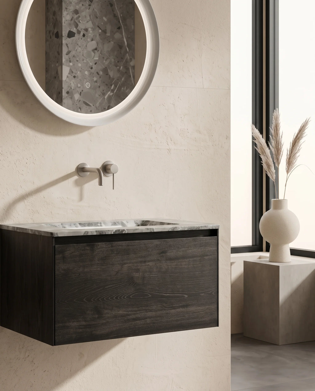 Meuble bois, 80cm avec plan marbre et vasque par dessous, Groxi