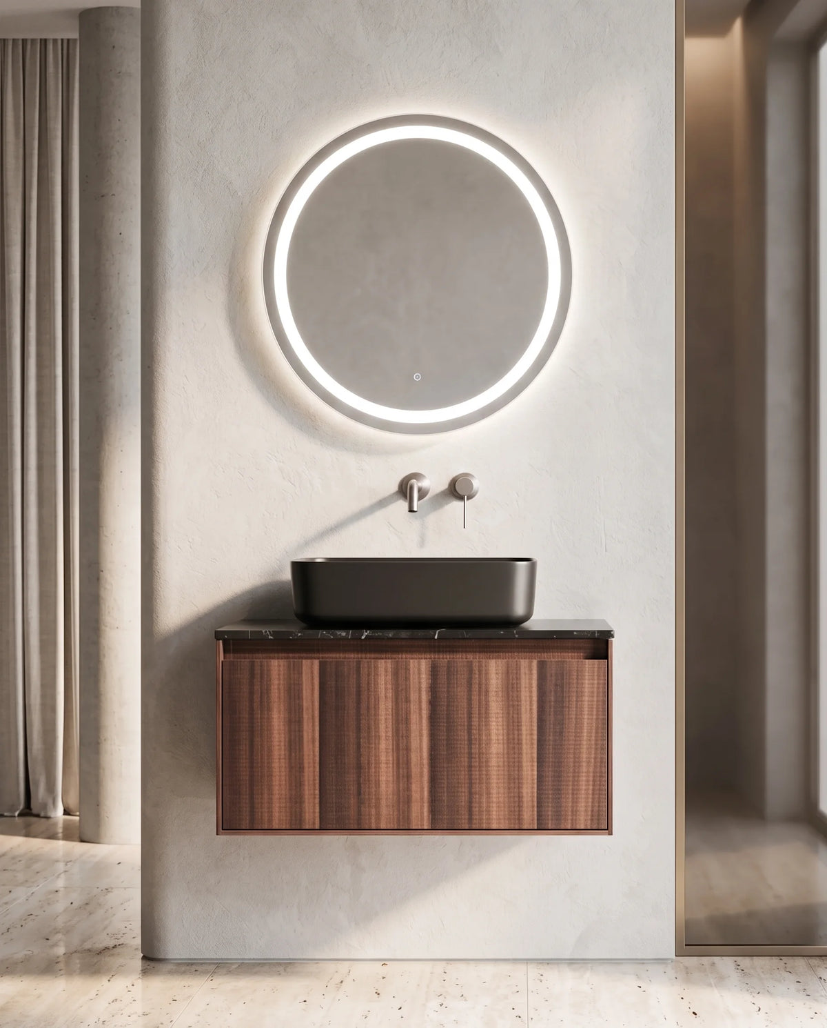 Meuble bois, 80cm avec plan marbre nero marquina et vasque noire mate, Marquina