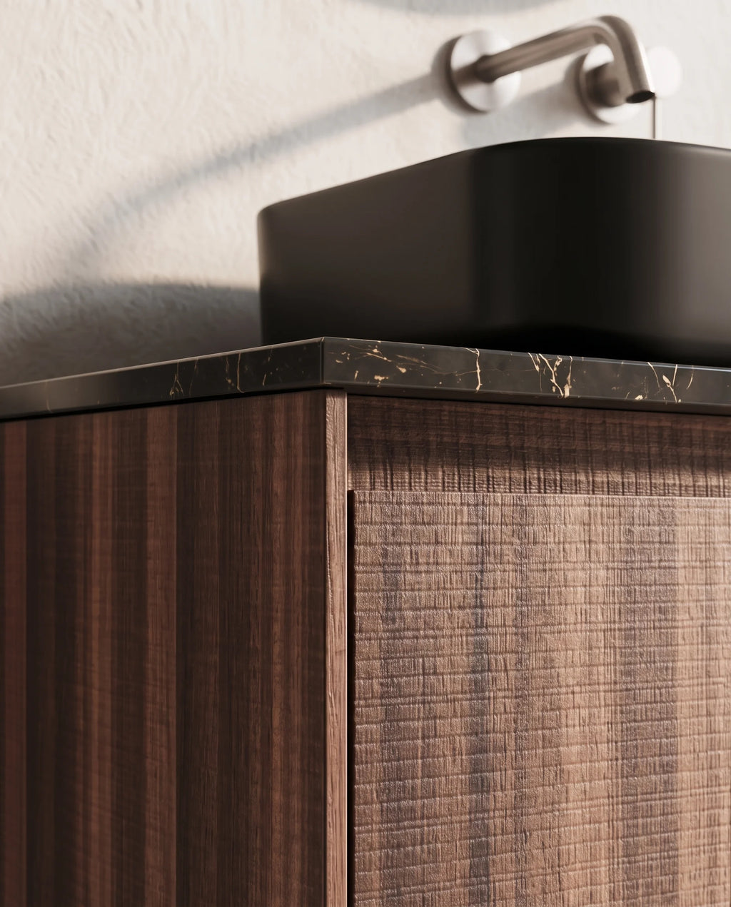 Meuble bois, 80cm avec plan marbre nero marquina et vasque noire mate, Marquina