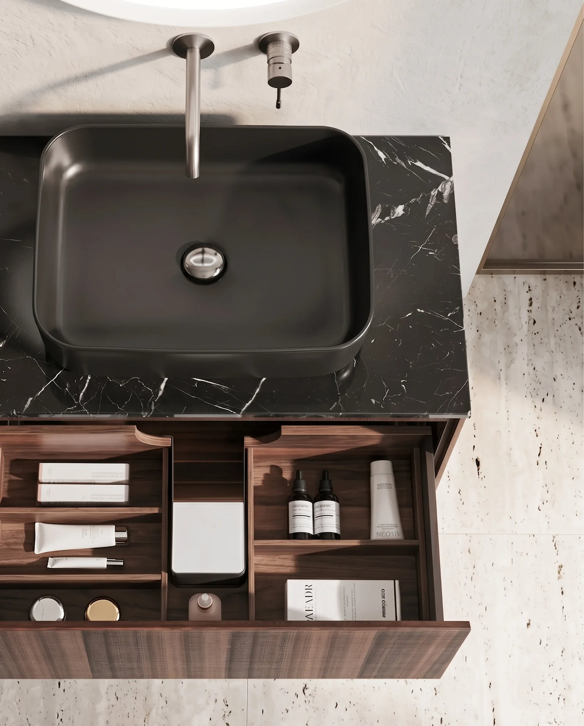Meuble bois, 80cm avec plan marbre nero marquina et vasque noire mate, Marquina