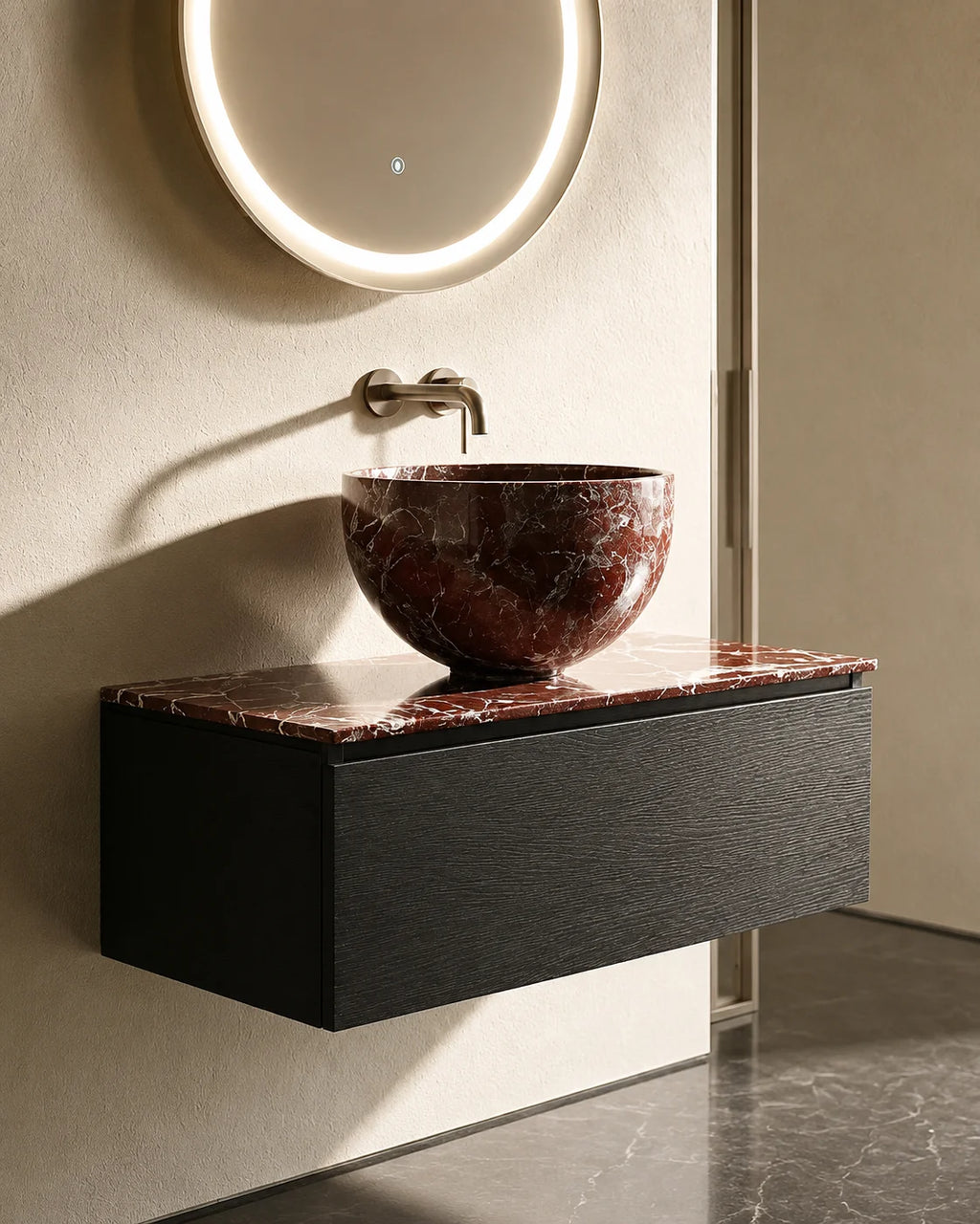 Meuble bois, 90cm avec plan et vasque a poser marbre, Ambre