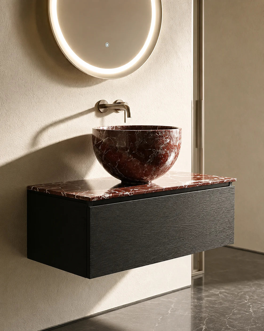 Meuble bois, 90cm avec plan et vasque a poser marbre, Ambre