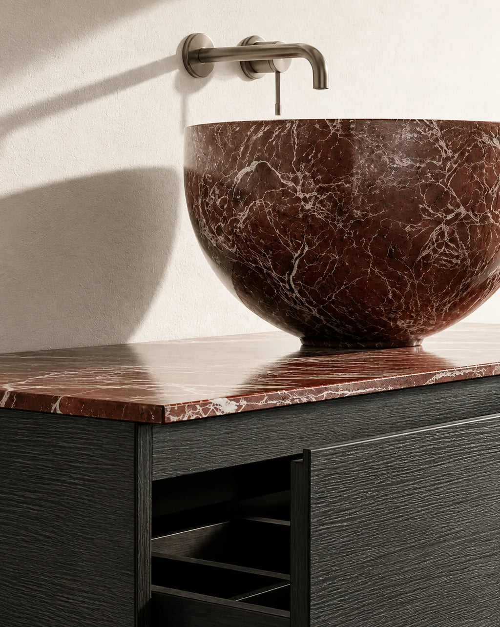 Meuble bois, 90cm avec plan et vasque a poser marbre, Ambre