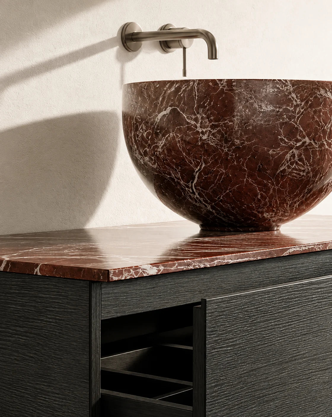 Meuble bois, 90cm avec plan et vasque a poser marbre, Ambre