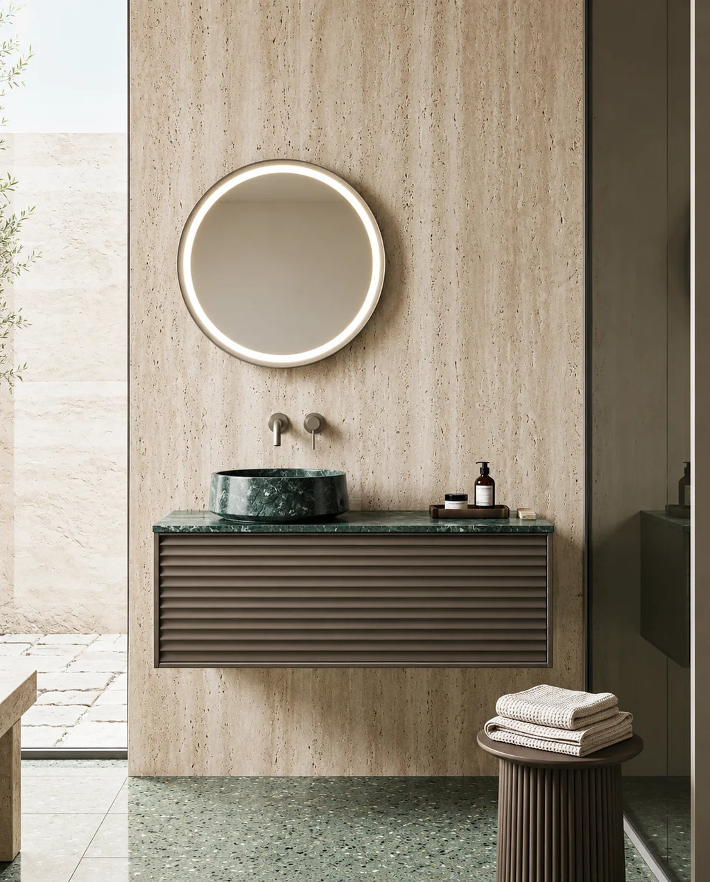 Meuble bois, 90cm avec plan et vasque a poser marbre, Serpentine