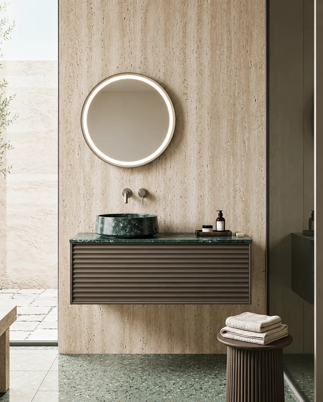 Meuble bois, 90cm avec plan et vasque a poser marbre, Serpentine