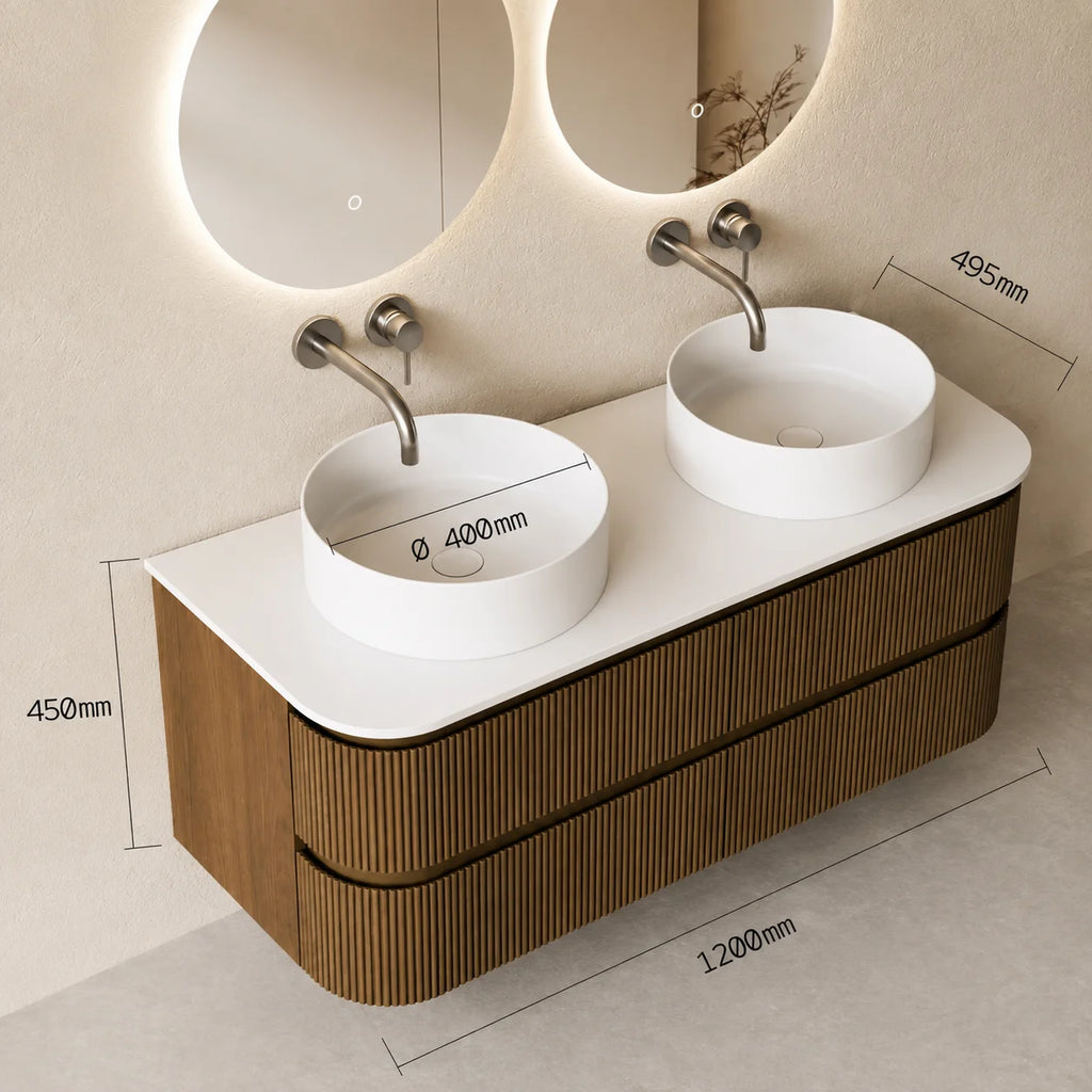 Meuble double vasque XXL Atel 150x50 cm – Noyer et 2 vasques rondes 40 cm