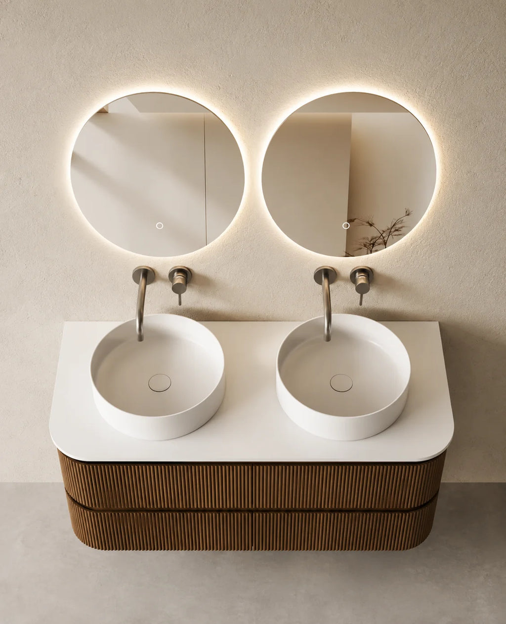 Meuble double vasque XXL Atel 150x50 cm – Noyer et 2 vasques rondes 40 cm