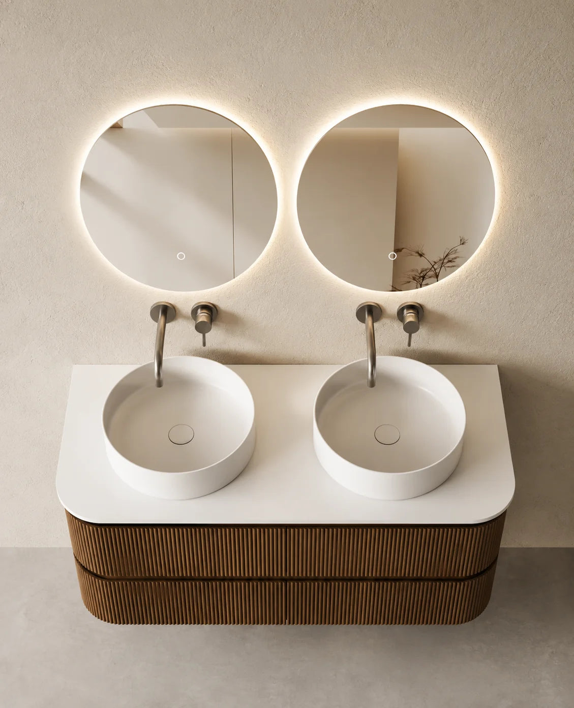 Meuble double vasque XXL Atel 150x50 cm – Noyer et 2 vasques rondes 40 cm