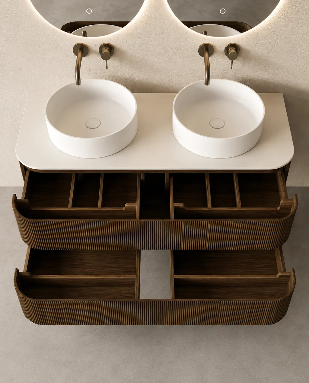 Meuble double vasque XXL Atel 150x50 cm – Noyer et 2 vasques rondes 40 cm