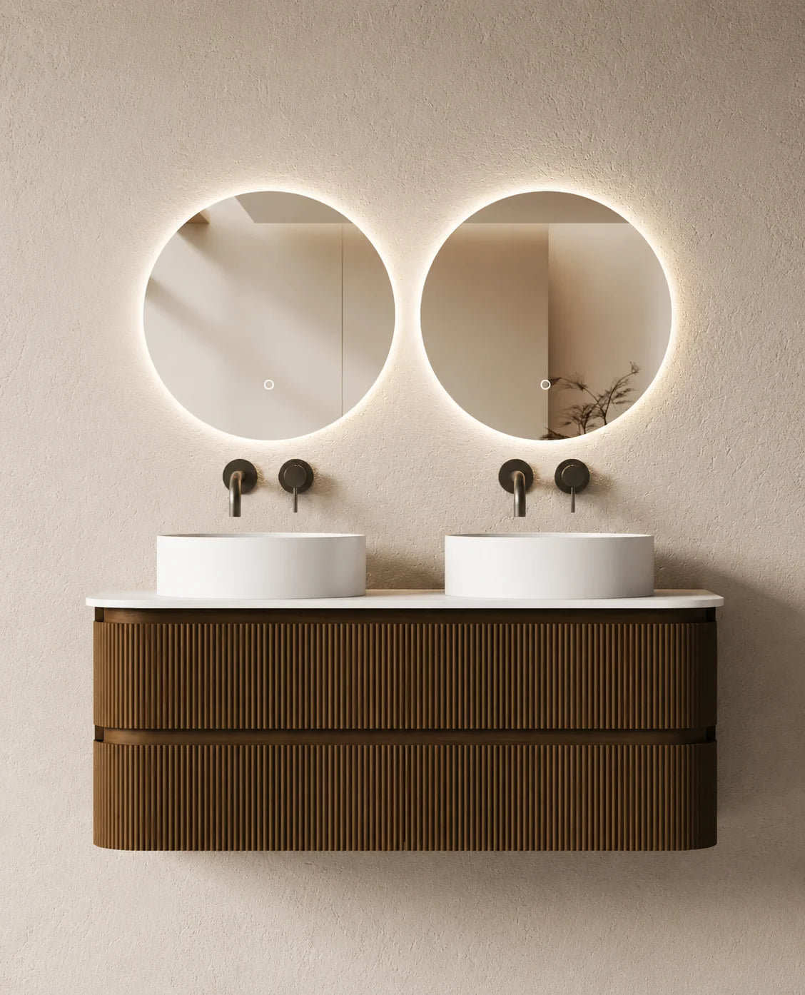 Meuble double vasque XXL Atel 150x50 cm – Noyer et 2 vasques rondes 40 cm