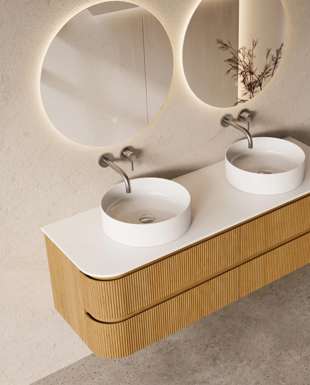 Meuble double vasque suspendu XXL chêne arrondi 150 cm – Atel