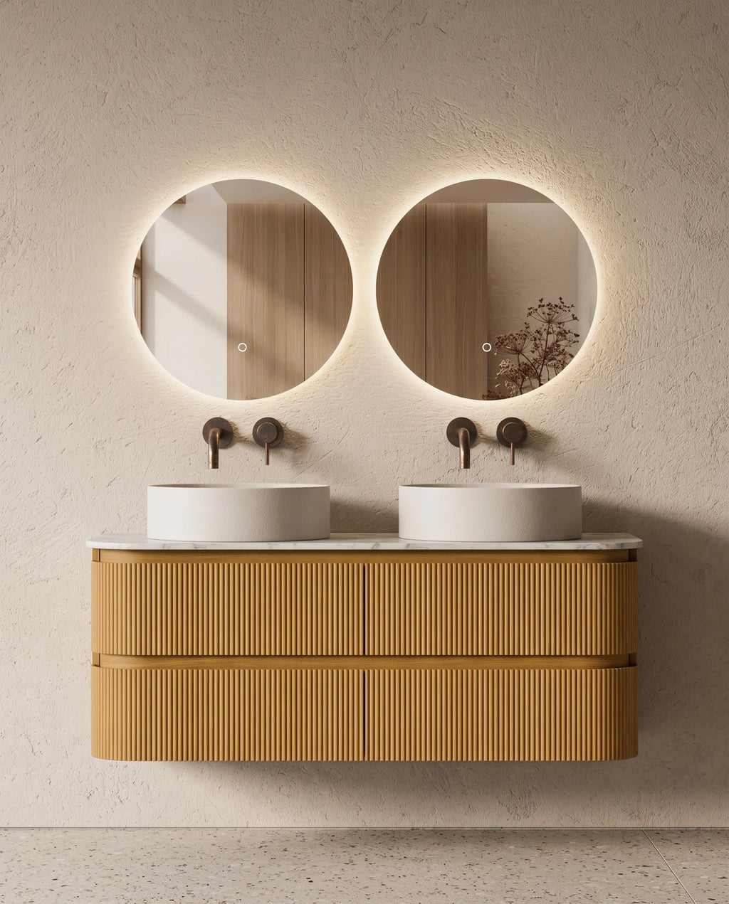 Meuble double vasque suspendu chêne arrondi 120 cm – Atel