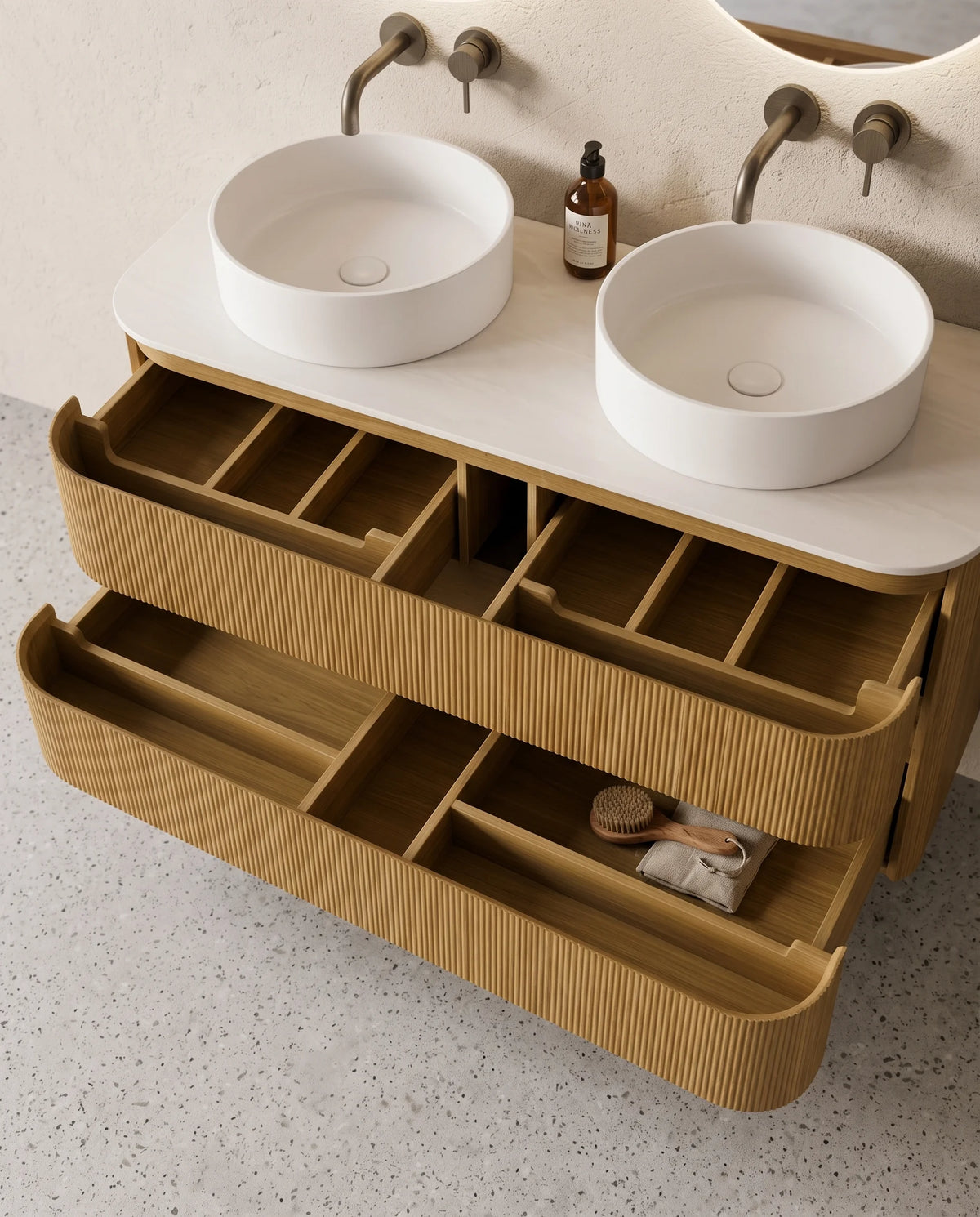 Meuble double vasque suspendu chêne arrondi 120 cm – Atel