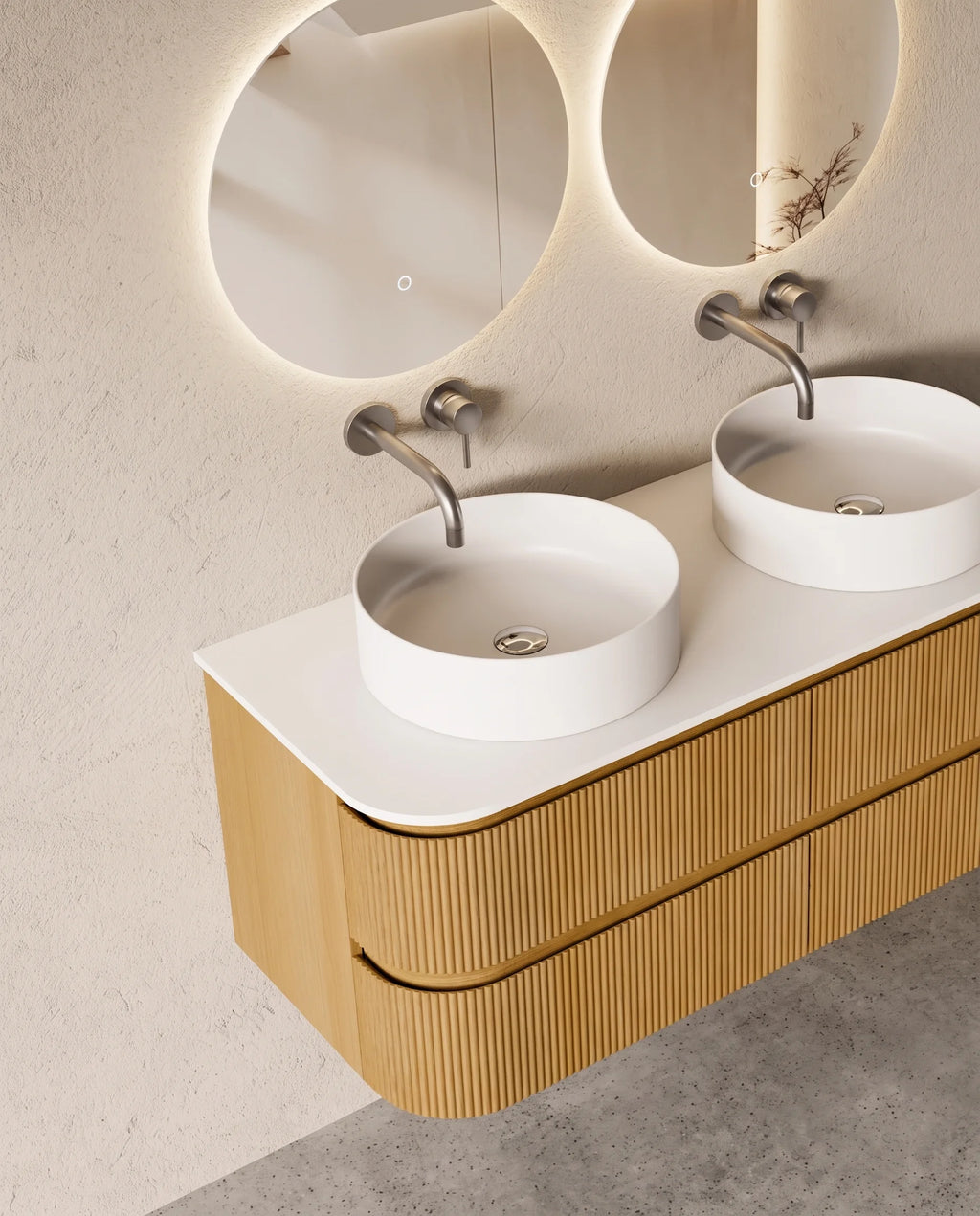 Meuble double vasque suspendu chêne arrondi 120 cm – Atel