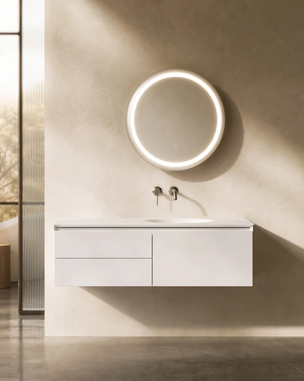 Meuble laque, 120cm avec plan vasque intégrée à droite, Bellea