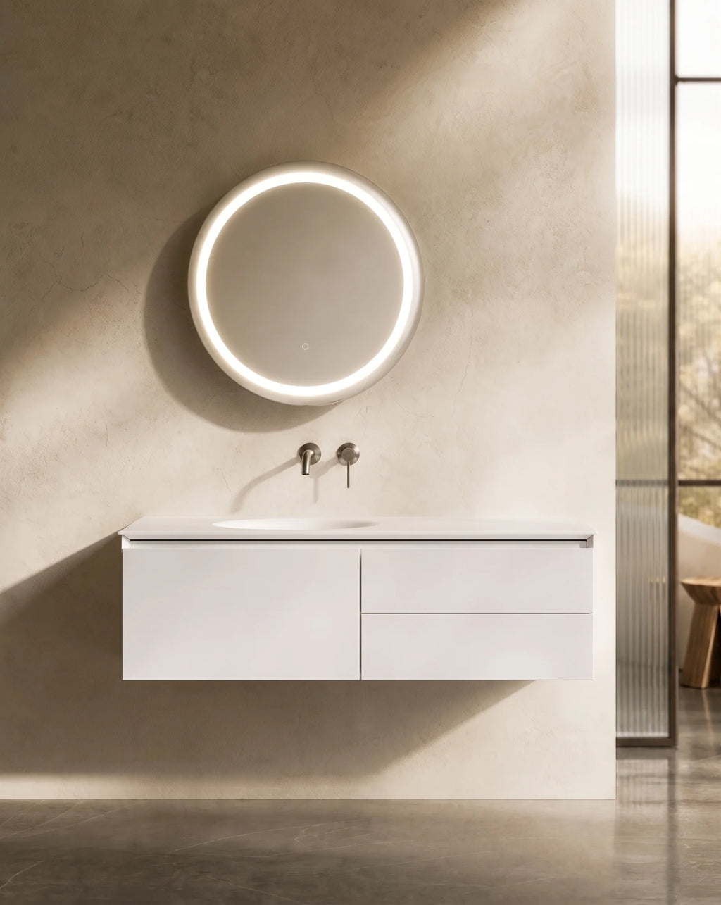 Meuble laque, 120cm avec plan vasque intégrée à gauche, Bellea