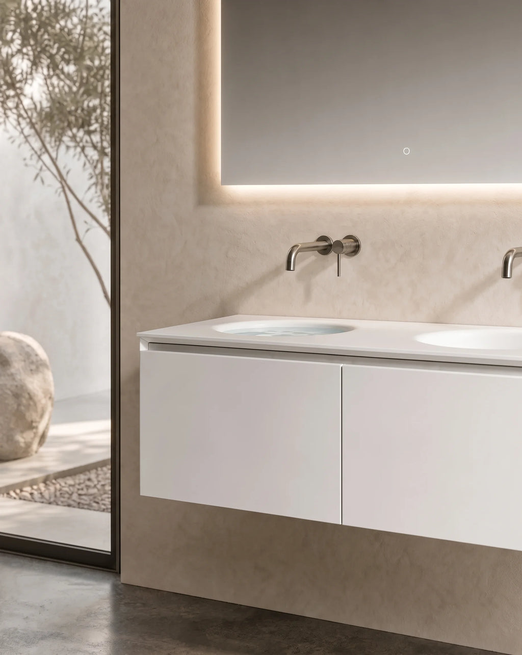 Meuble laque, 140cm avec plan double vasque intégrée, Bellea