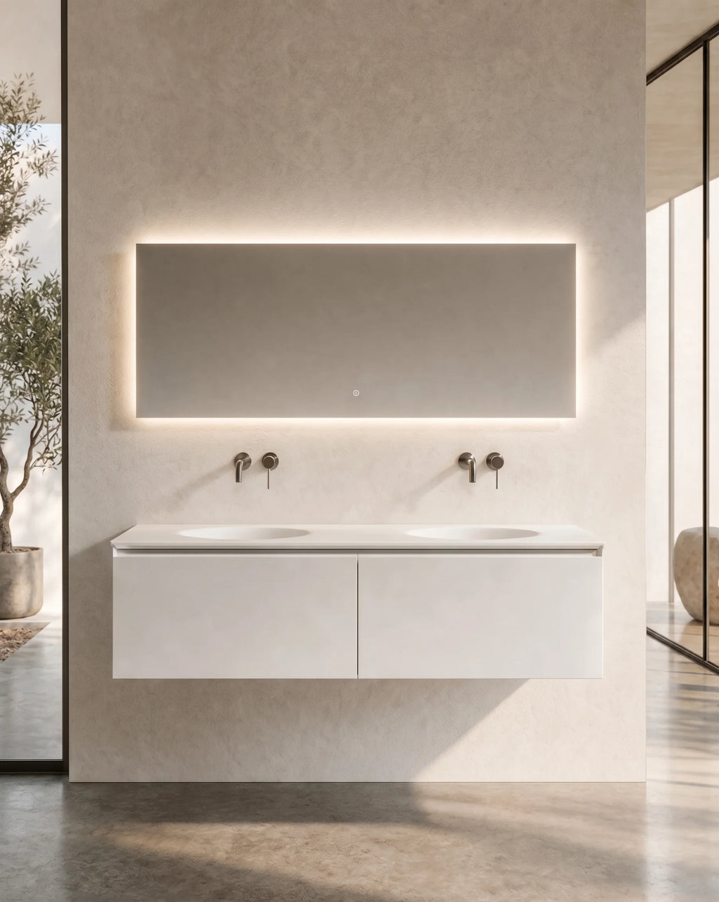 Meuble laque, 140cm avec plan double vasque intégrée, Bellea