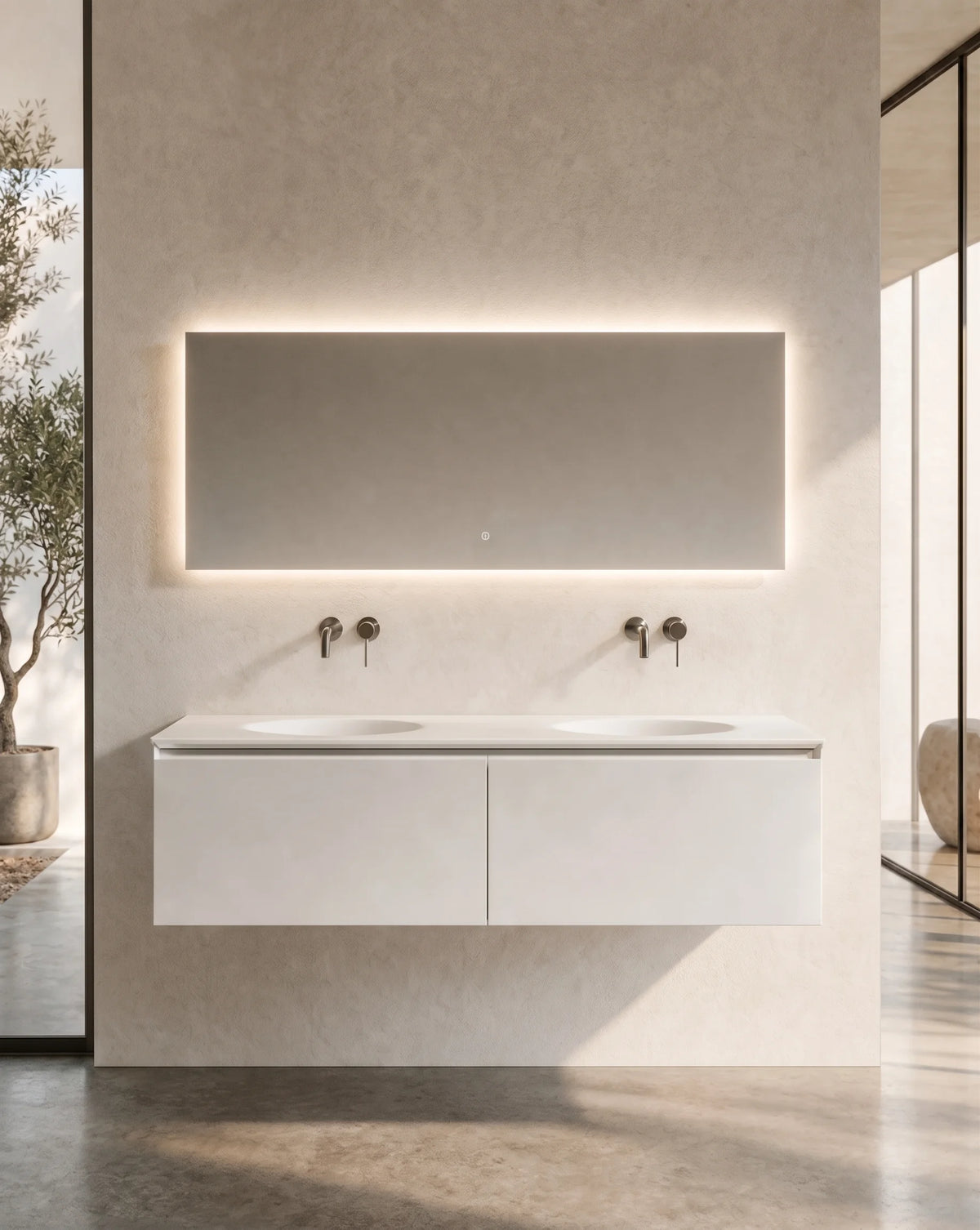 Meuble laque, 140cm avec plan double vasque intégrée, Bellea