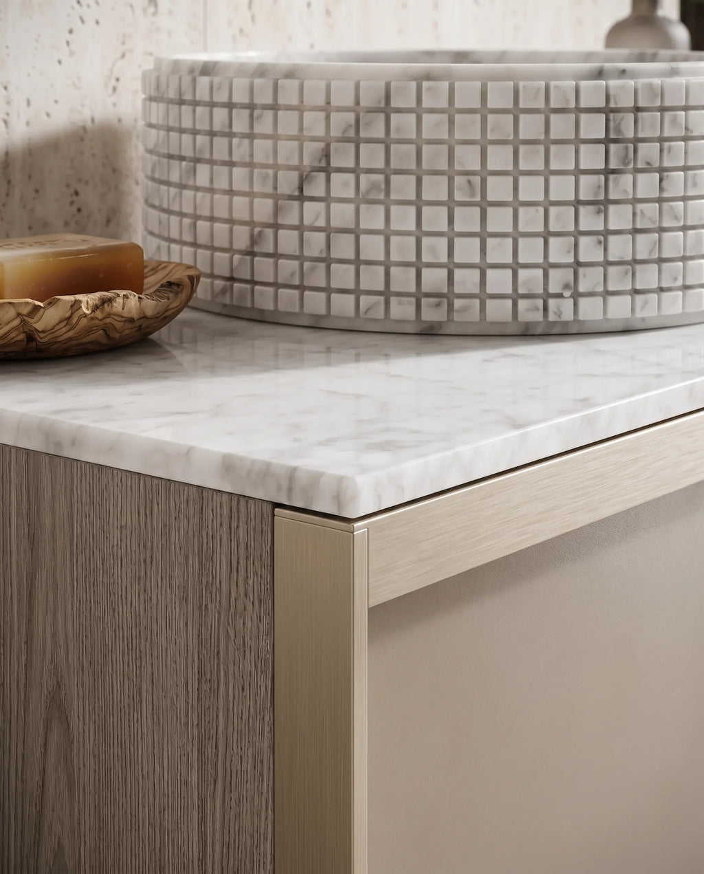 Meuble laqué beige, 80cm avec plan et vasque bol à poser marbre, Carrare