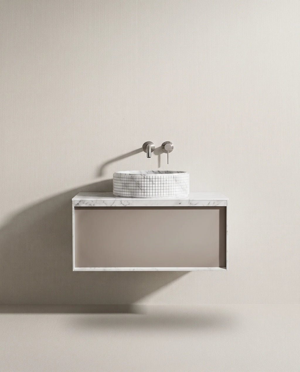 Meuble laqué beige, 80cm avec plan et vasque bol à poser marbre, Carrare