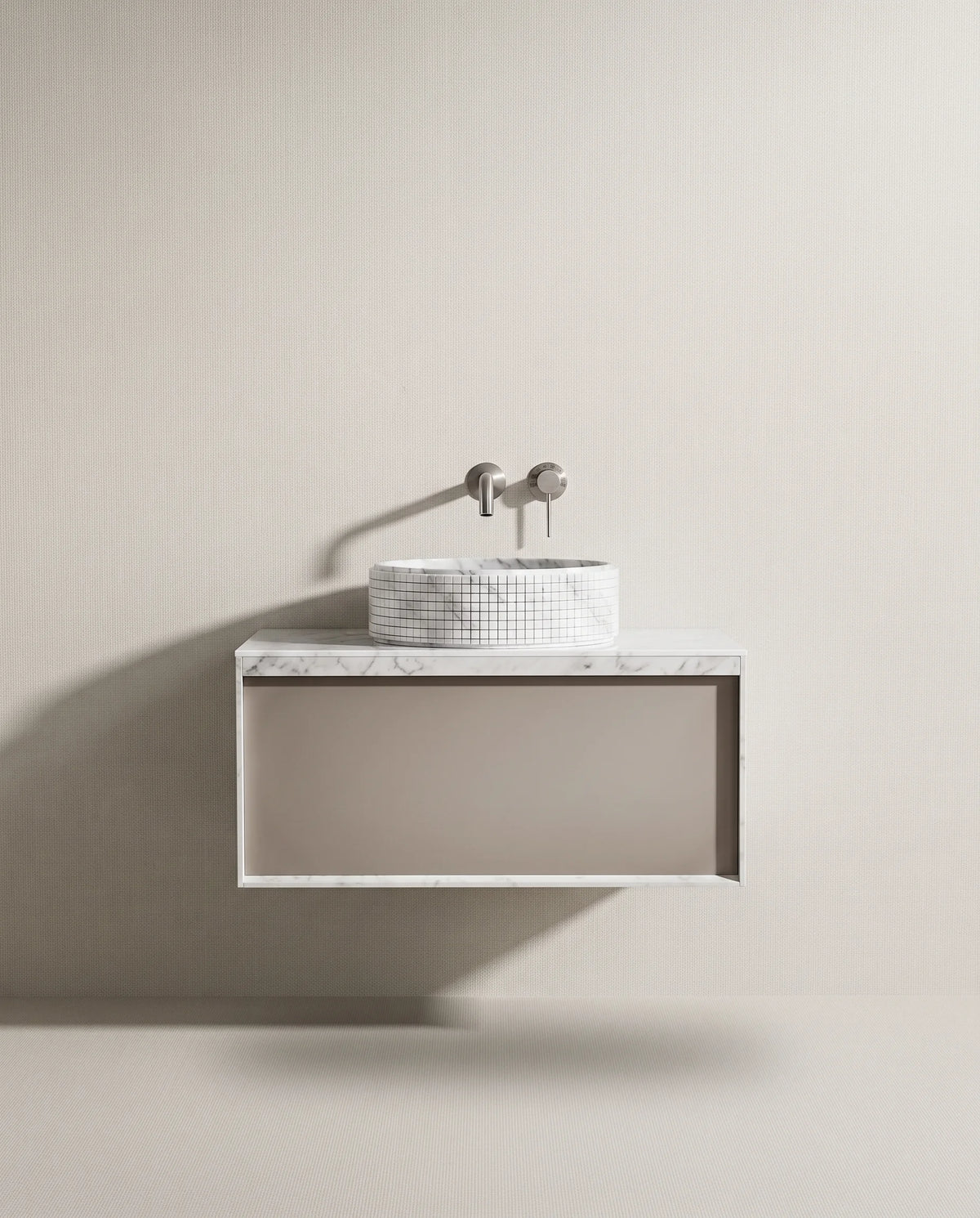 Meuble laqué beige, 80cm avec plan et vasque bol à poser marbre, Carrare