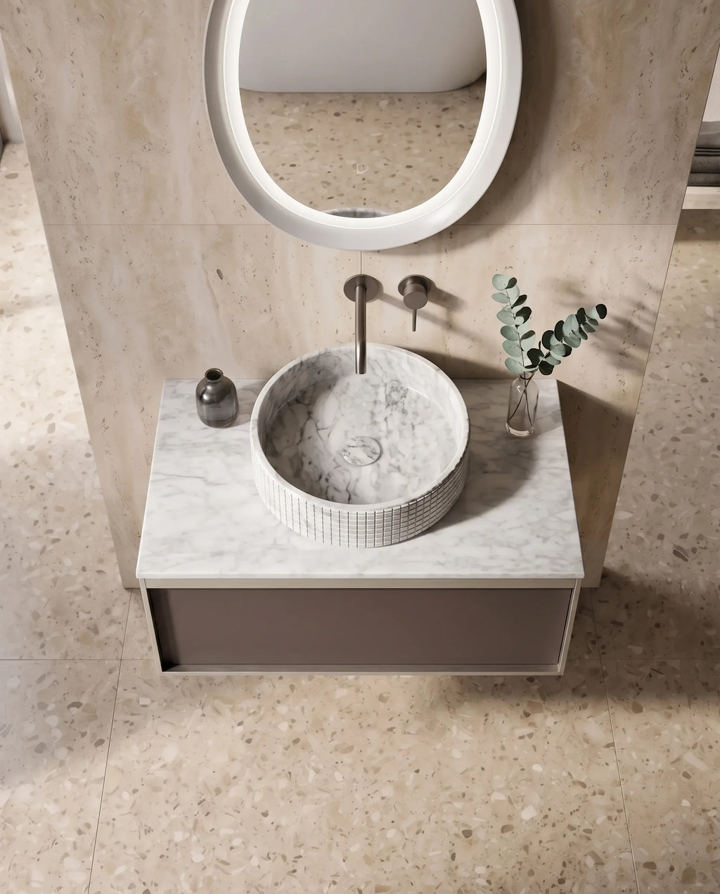 Meuble laqué café, 80cm avec plan et vasque ronde à poser marbre, Carrare