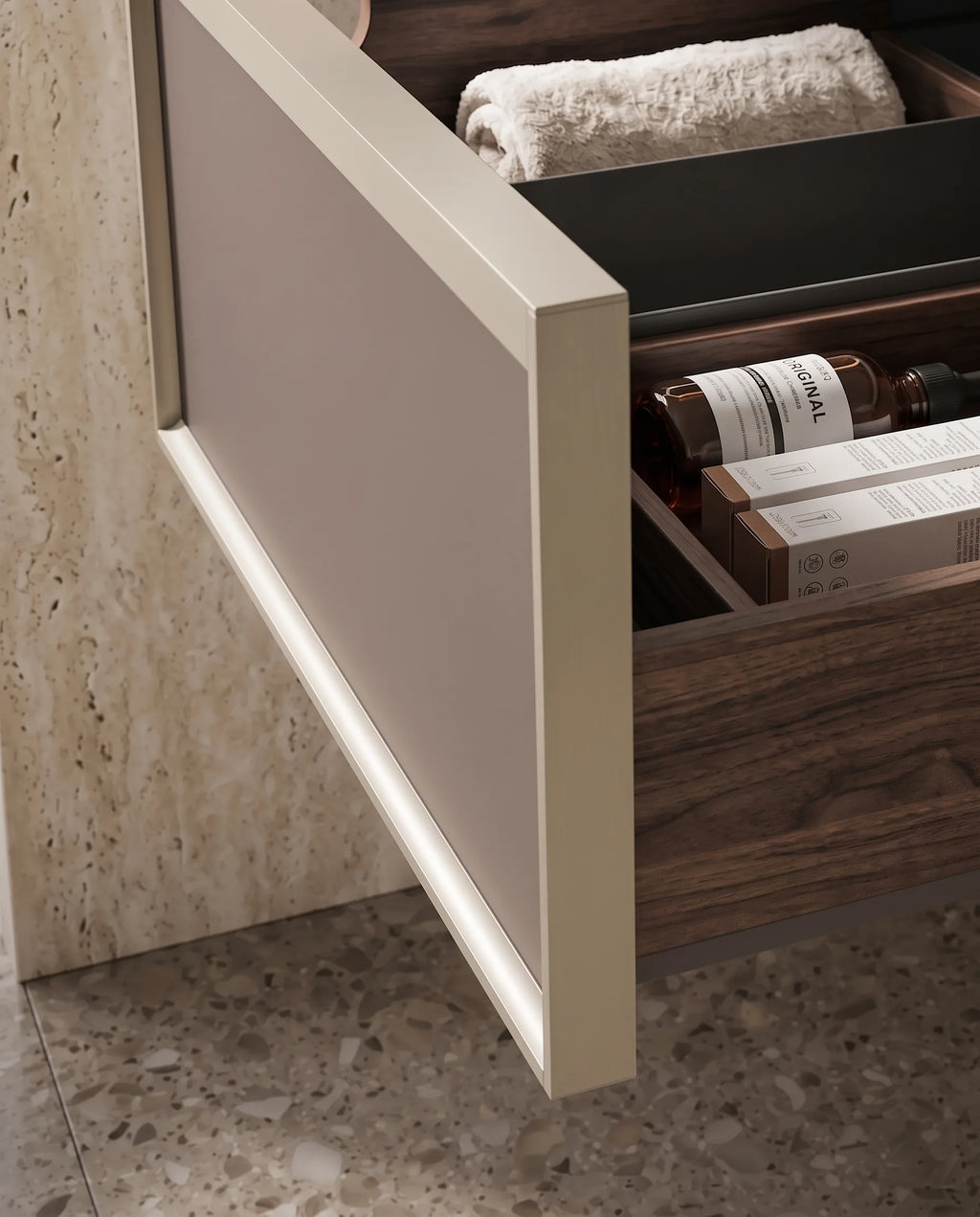 Meuble laqué café, 80cm avec plan et vasque ronde à poser marbre, Carrare