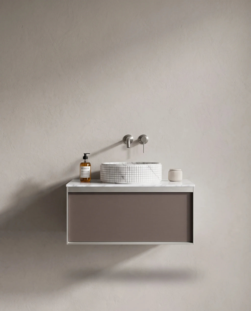 Meuble laqué café, 80cm avec plan et vasque ronde à poser marbre, Carrare