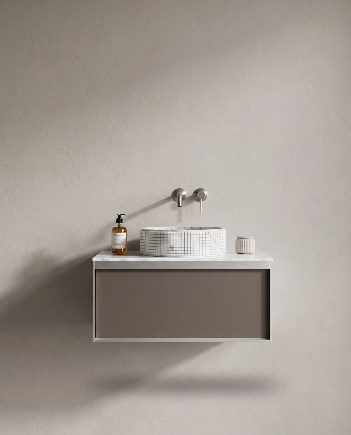Meuble laqué café, 80cm avec plan et vasque ronde à poser marbre, Carrare
