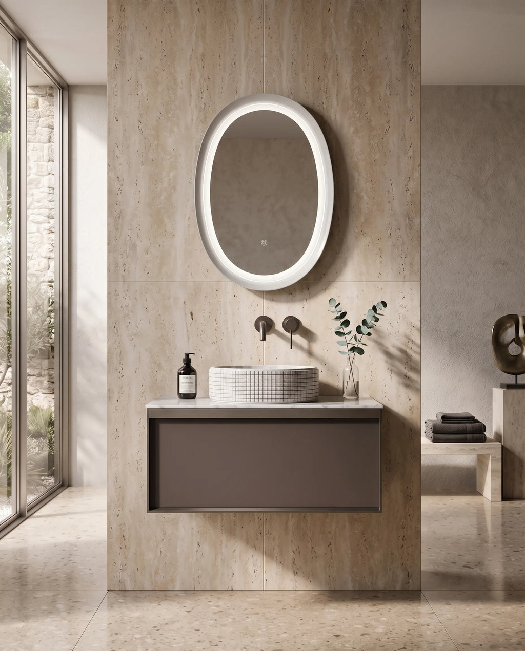 Meuble laqué café, 80cm avec plan et vasque ronde à poser marbre, Carrare