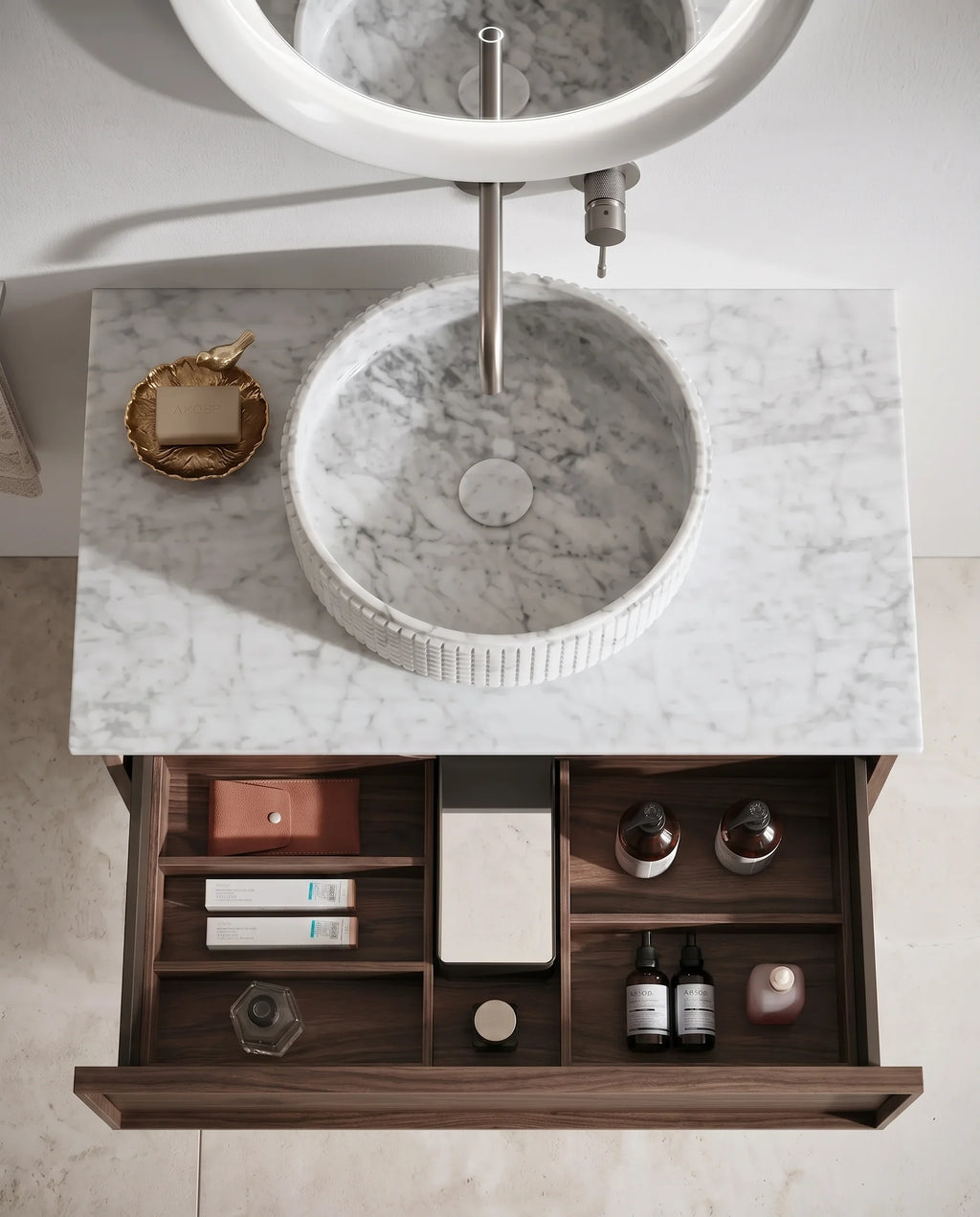 Meuble laqué beige, 80cm avec plan et vasque bol à poser marbre, Carrare