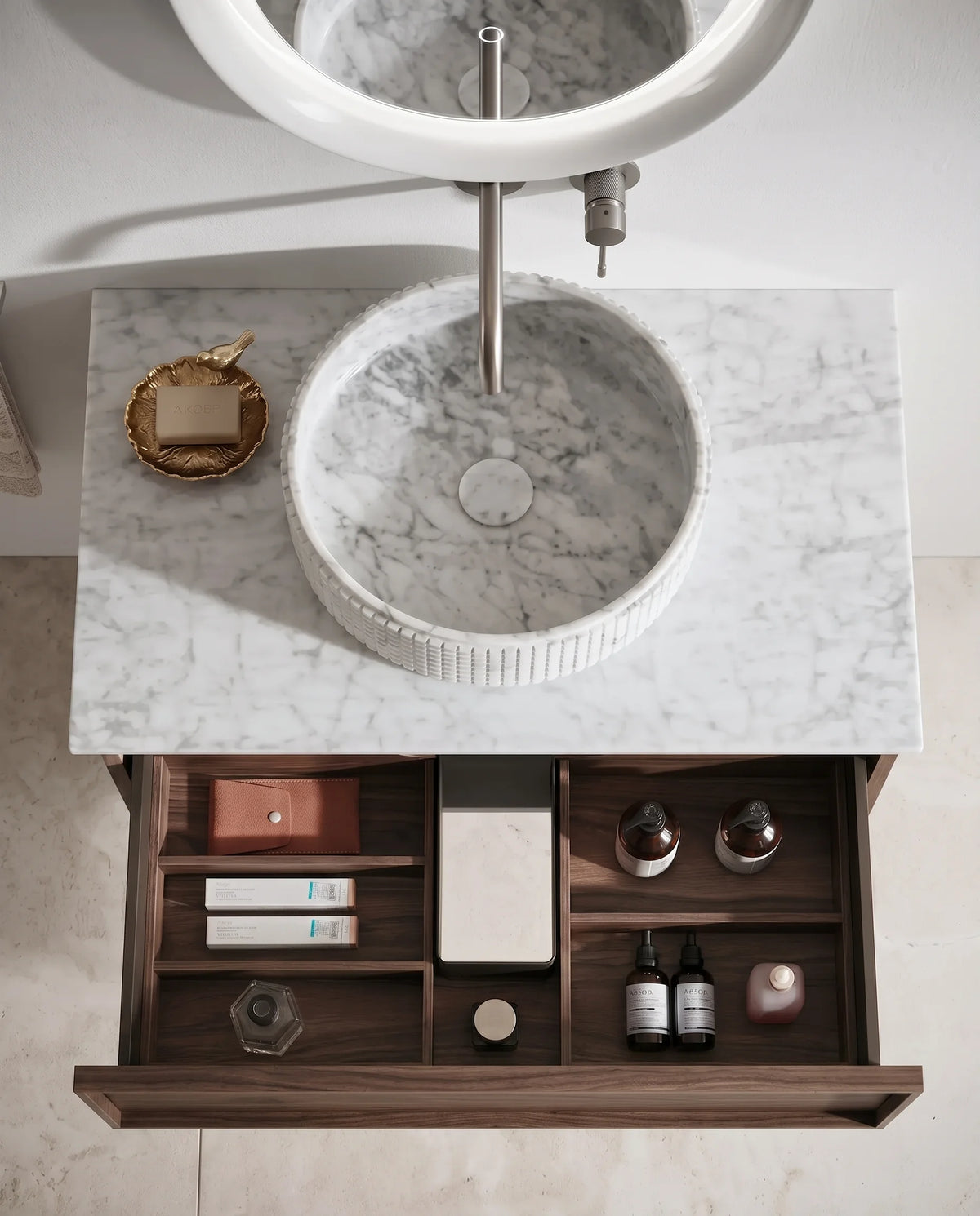 Meuble laqué beige, 80cm avec plan et vasque bol à poser marbre, Carrare