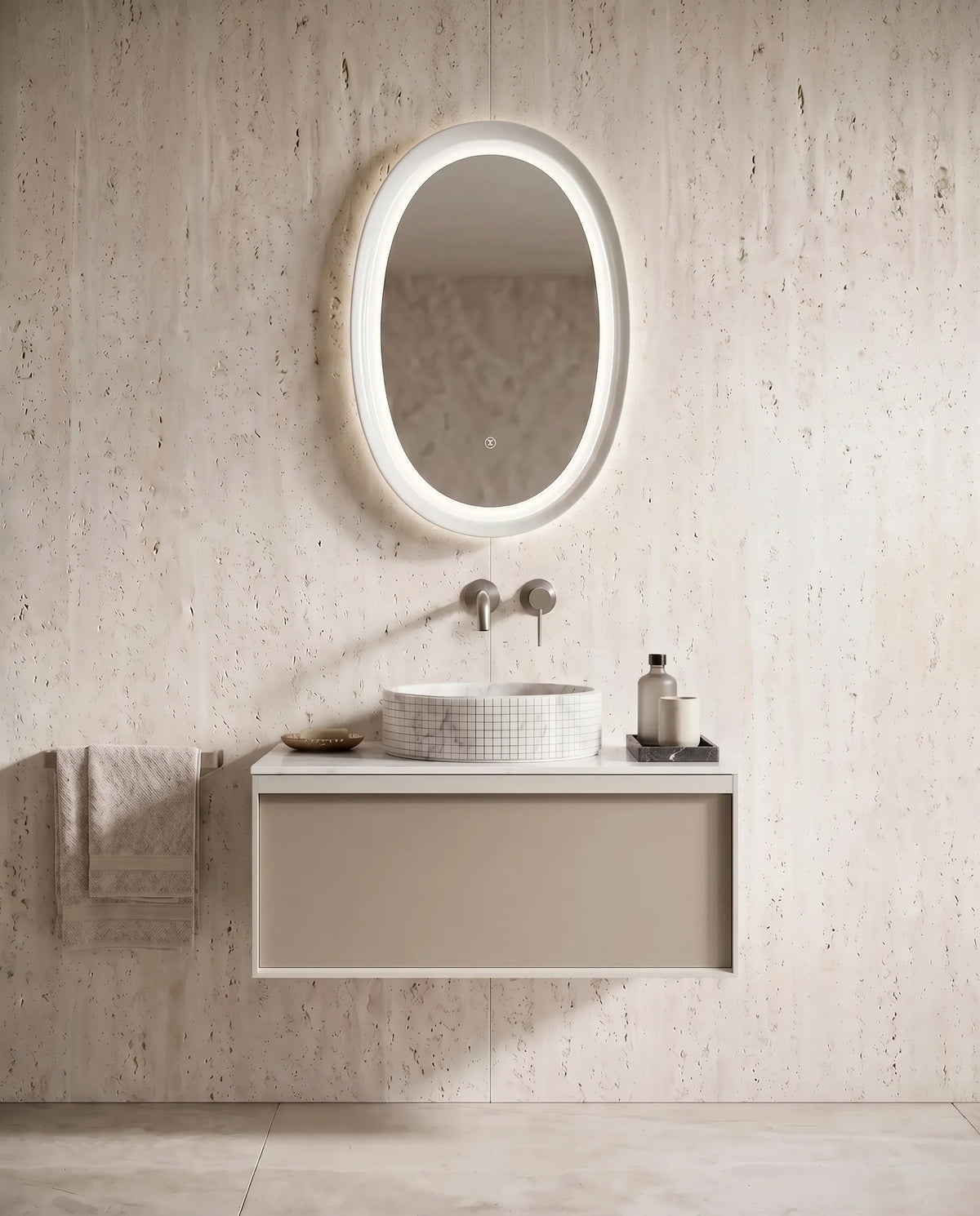 Meuble laqué beige, 80cm avec plan et vasque bol à poser marbre, Carrare