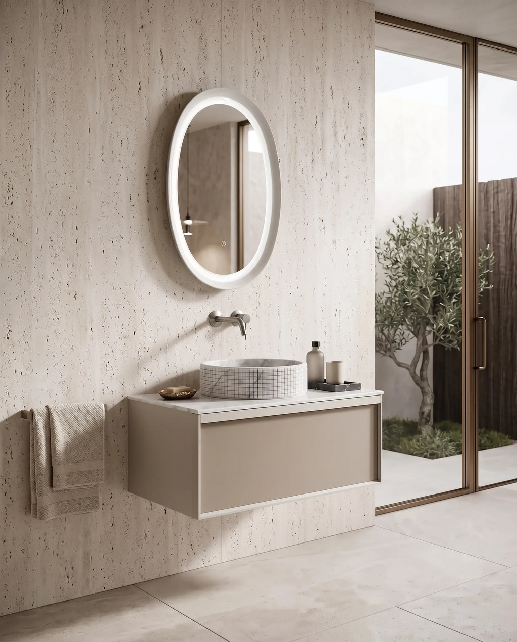 Meuble laqué beige, 80cm avec plan et vasque bol à poser marbre, Carrare