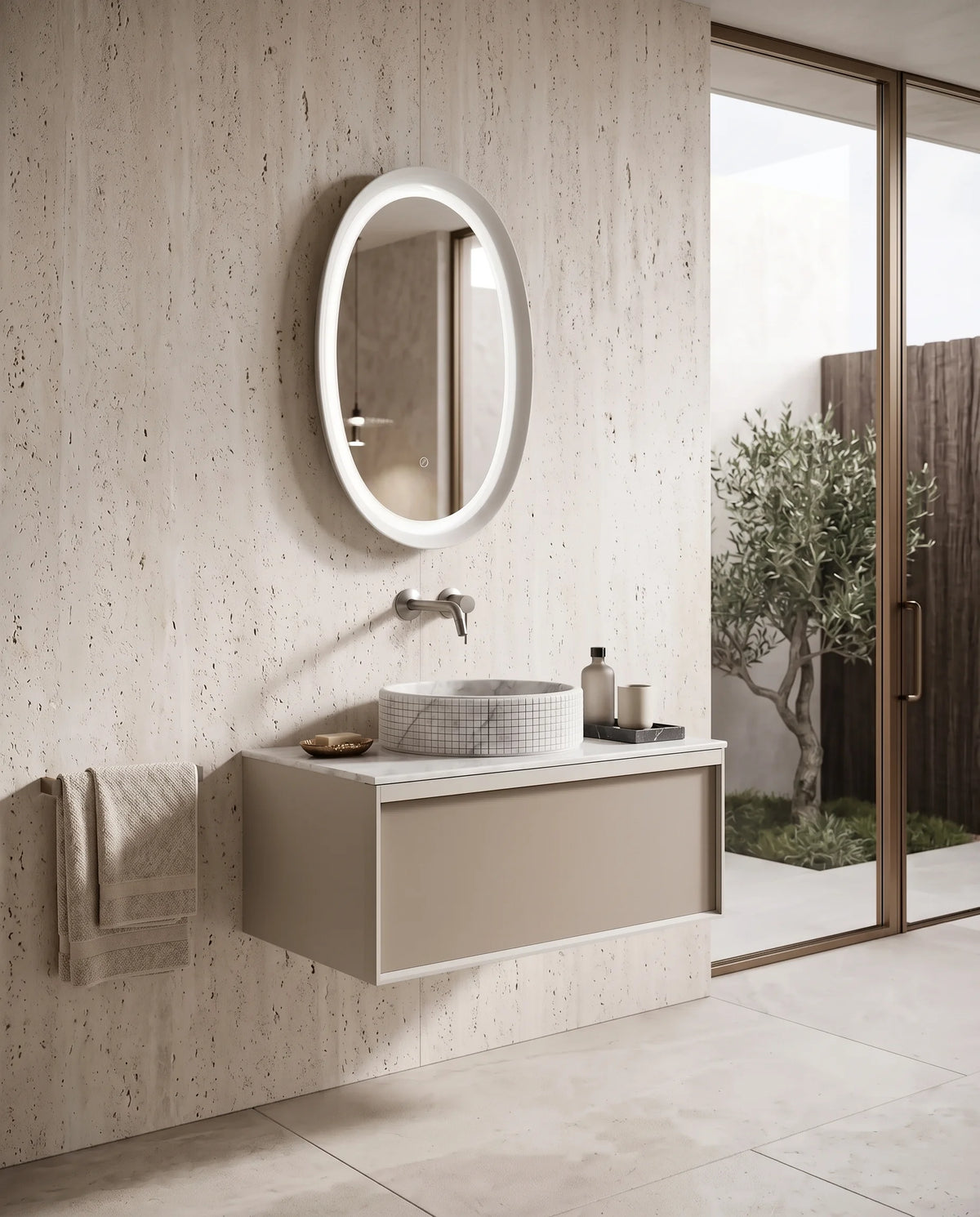 Meuble laqué beige, 80cm avec plan et vasque bol à poser marbre, Carrare