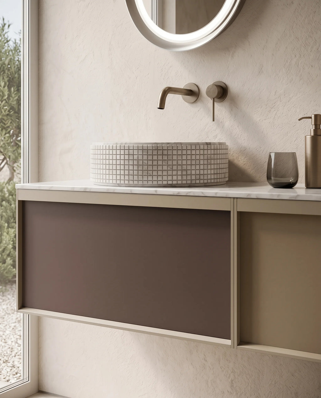Meuble laque bicolore, 120cm avec plan et vasque a poser à gauche marbre, Carrare